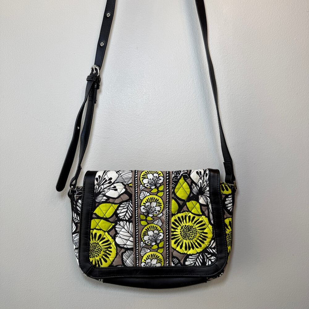 Vera Bradley Citron Floral Print Crossbody Bag Purse Leather Trim